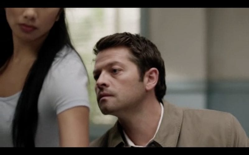 supernatural 1212 castiel smelling woman stuck in middle