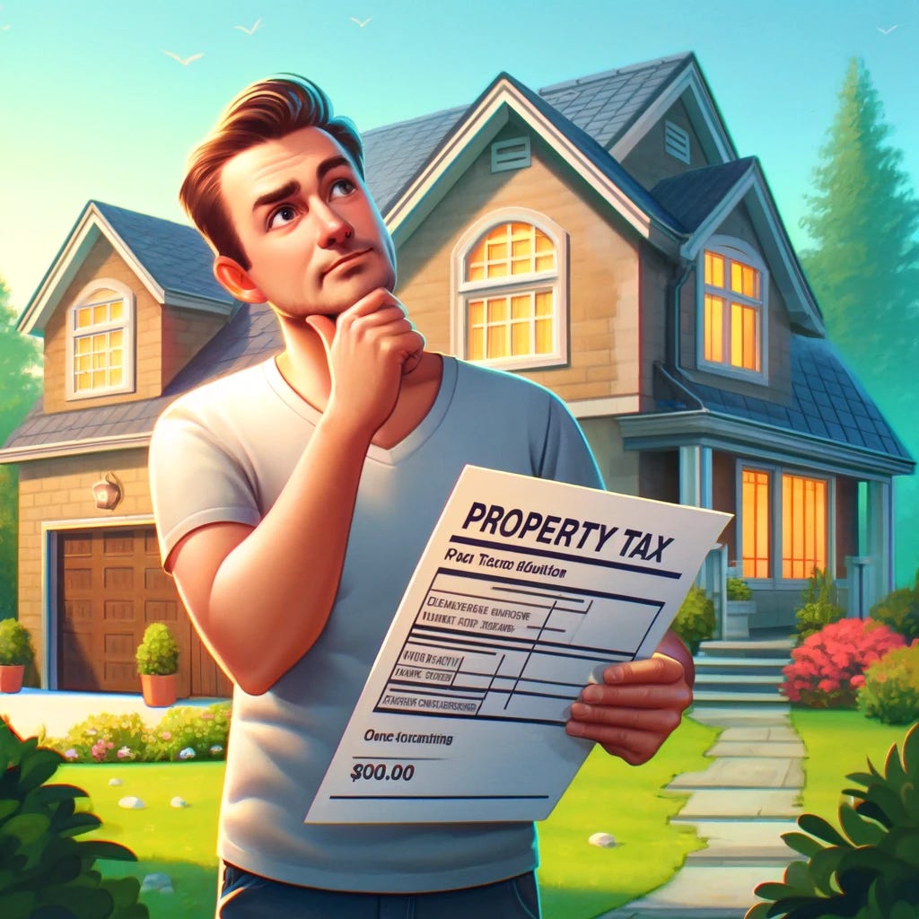 Illustration for an article about property taxes and loss aversion. The scene depicts a homeowner, a middle-aged man with a thoughtful expression, standing in front of his newly purchased house holding a large property tax bill. The man is dressed casually. The house is a typical suburban home with a lush garden. He's visibly puzzled, balancing the joy of new home ownership with the concern over the tax bill. The style is realistic with vibrant colors to highlight the contrast between the joy of acquisition and the worry about taxes.