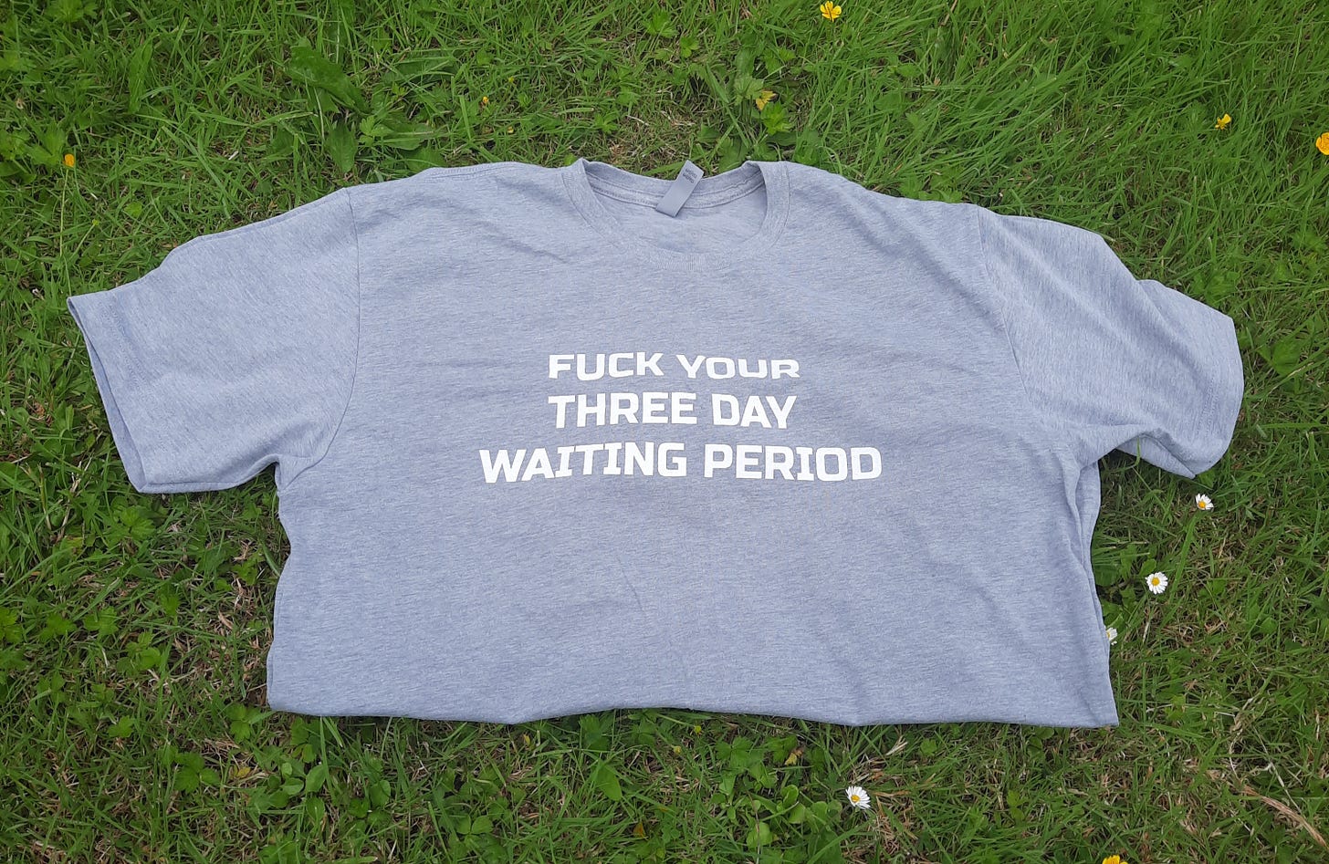 A grey Galway Pro-Choice t-shirt with the slogan ‘Fuck Your Three Day Waiting Period’ lying in the grass. 