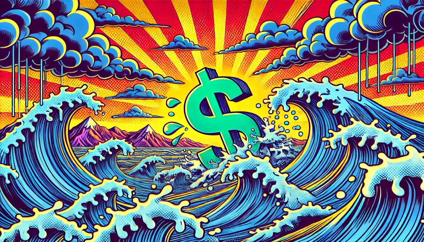 A vibrant pop-art style illustration depicting the concept of the US dollar rally facing turbulent waters, symbolized by waves and stormy skies, with the dollar symbol struggling amidst rough seas, in a dramatic and colorful composition. The image captures the theme of financial uncertainty post-election, using bold and striking colors, in a rectangular, 16:9 format.