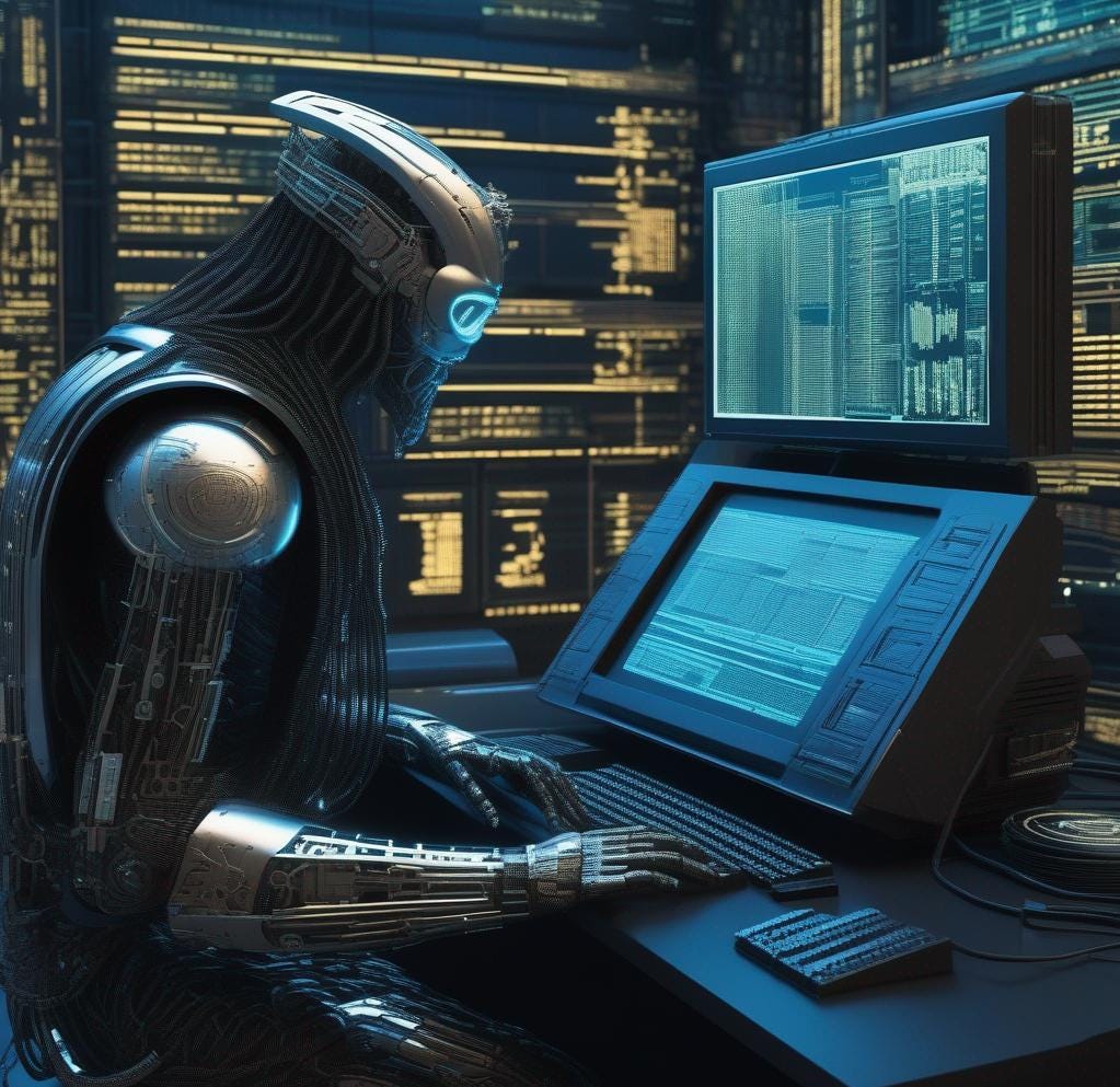 A wizard computer engineer using a terminal to interact with a massive database of global information, rendered via Stable Diffusion in "futuristic-biomechanical cyberpunk" style