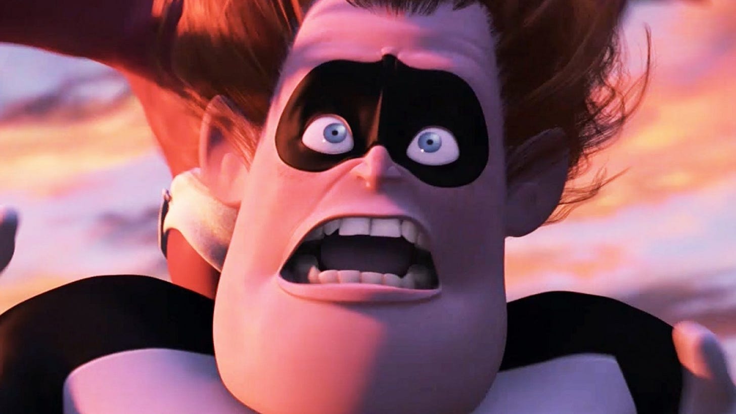 Syndrome from The Incredibles, close up of his face when afraid and in the air