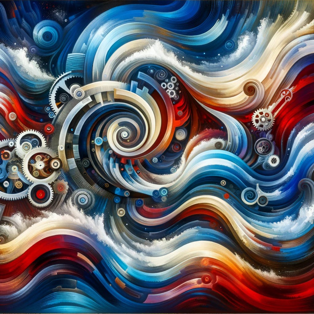 Create an abstract image representing the concept of dialectical processes. The artwork should feature swirling forms and contrasting colors to symbolize the dynamic interplay of thesis, antithesis, and synthesis. Include visual motifs such as interlocking gears or merging waves, representing the integration and transformation of ideas. The overall composition should evoke a sense of movement and complexity, using a palette of deep blues, vibrant reds, and soothing whites to highlight the contrasts and continuities inherent in dialectical thinking.