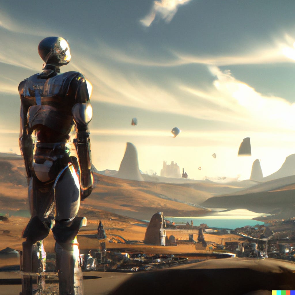 A man looking over a vast landscape containing many advanced AI robots, digital art