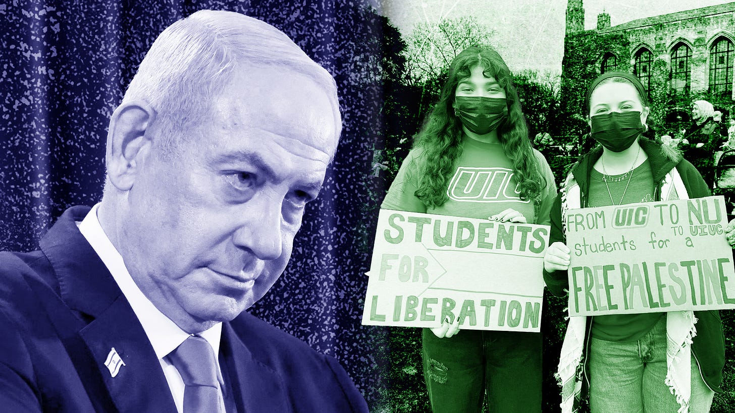 A side by side image of Benjamin Netanyahu and student protestors