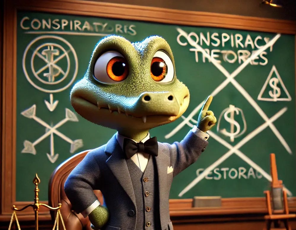 A small, cute anthropomorphic gator named Croaky depicted in a sharp, intellectual pose at a debate desk, wearing a tailored suit with a bow tie. Croaky is gesturing confidently toward a chalkboard in the background, which features crossed-out conspiracy theories and simplified historical diagrams, symbolizing the dismantling of revisionist narratives. The scene is professional and clean, with warm lighting to convey intellectual rigor. The background includes subtle symbols of truth and knowledge, like an open book and a magnifying glass, giving the setting a scholarly feel. Pixar-Disney animation style.
