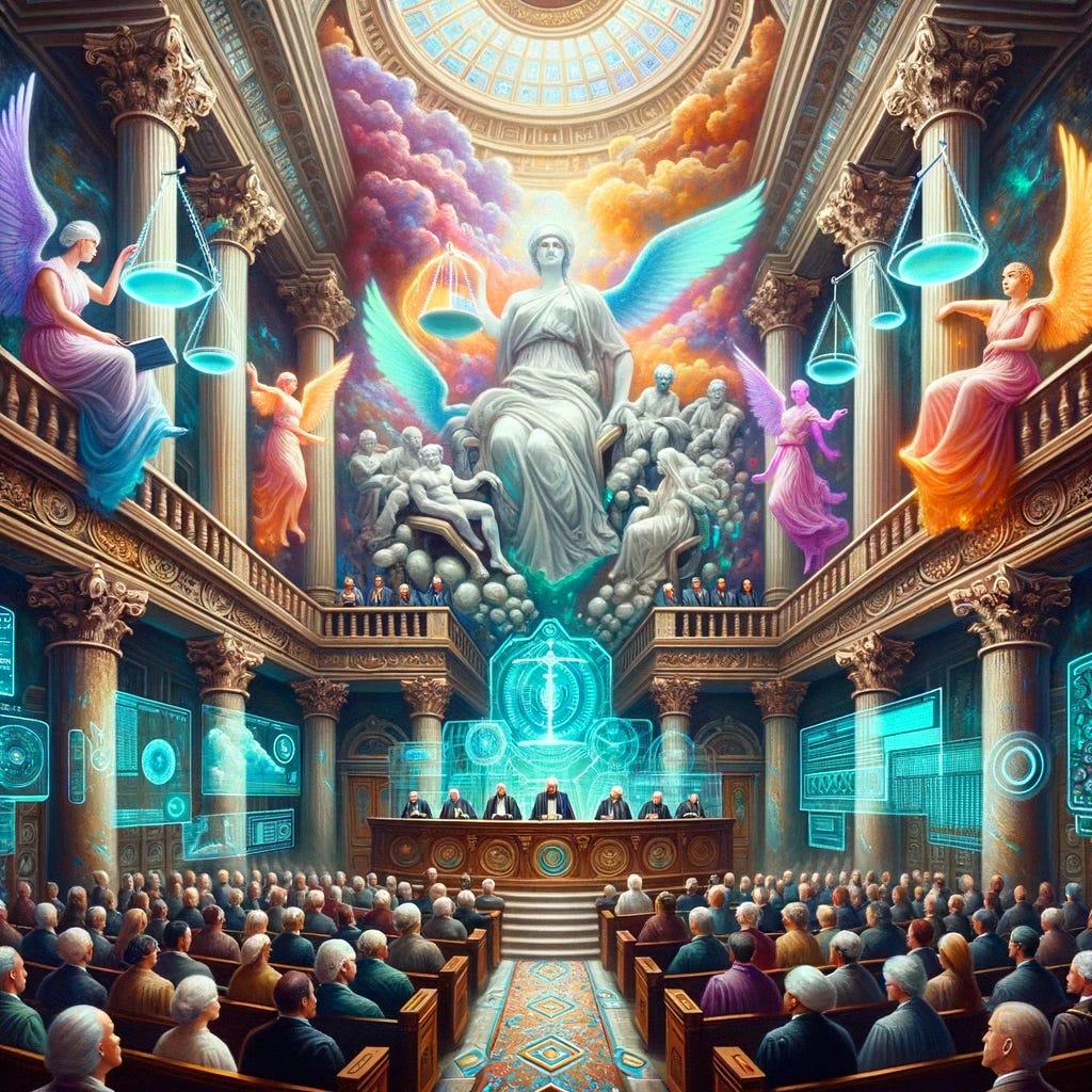Oil painting in the Baroque style with cyberpunk-inspired colors. A grand courtroom that fuses Baroque architecture with digital enhancements. Diverse judges, lawyers, and citizens of various descents and genders engage in discourse. Holographic statues of justice emerge from ancient stone bases, while scales balance both traditional laws and digital codes. Above, a luminous fresco depicts trailblazers under a protective shield, symbolizing their safeguarding, while Baroque cherubs update old scrolls with futuristic devices, rejuvenating age-old practices.