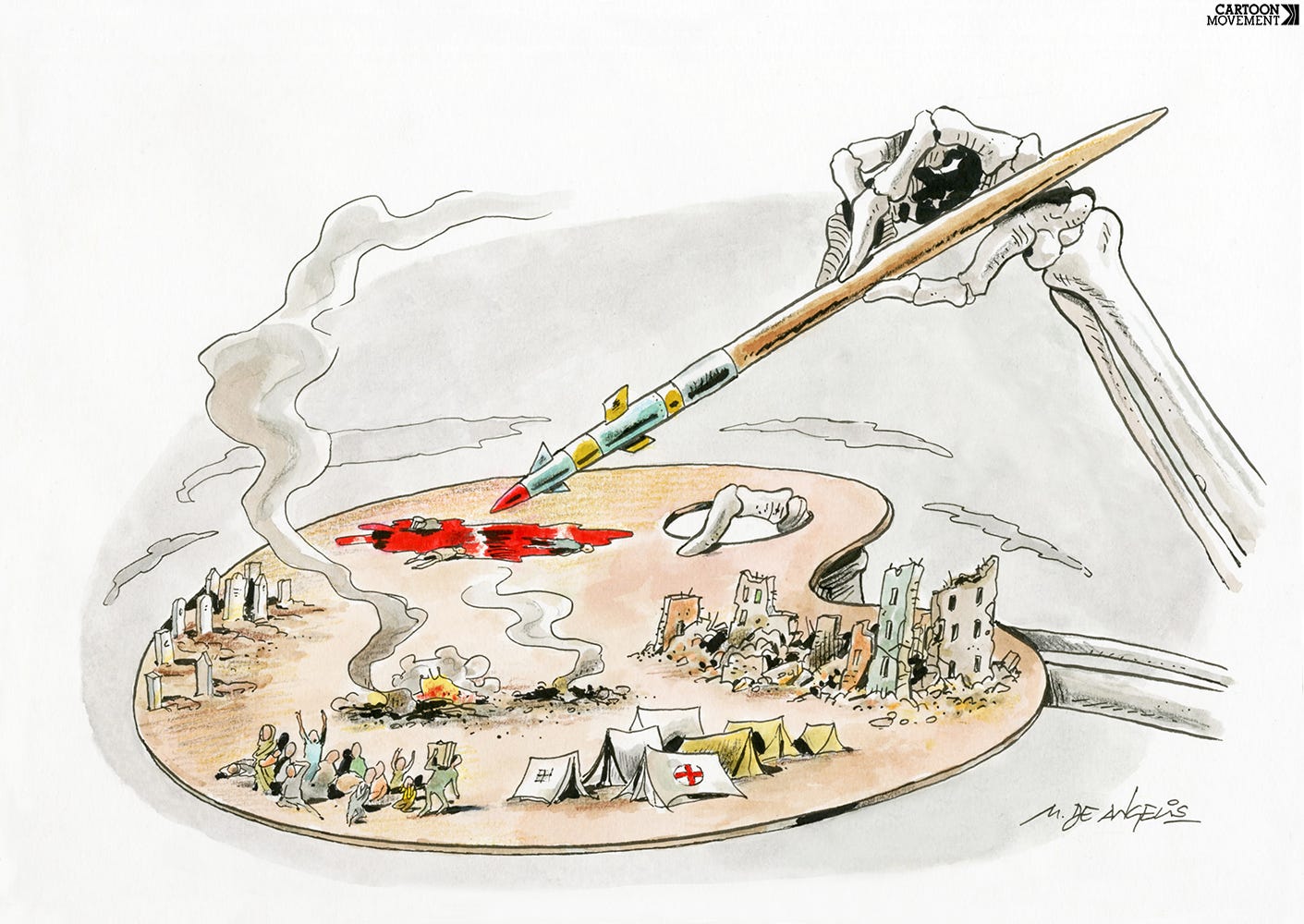 Cartoon showing a painter’s palette, with a skeletal had holding a brush with a tip shaped like a missile. The brush is dipping into a pool of blood on the palette, while elsewhere on the palette, we see tent camps and ruins of houses and a graveyard.