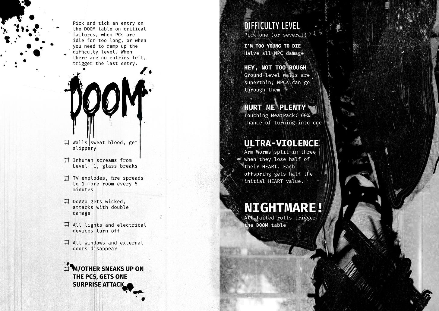 A two-page spread. On the left hand side, a DOOM table depicting an escalating list of bad things that can happen as players make critical failures, loiter, or when things get too easy. On the right hand page, a man hangs upside down with a face that has been scribbled over with a marker. Written on top of the image is an ascending list of difficulty modes for the game.