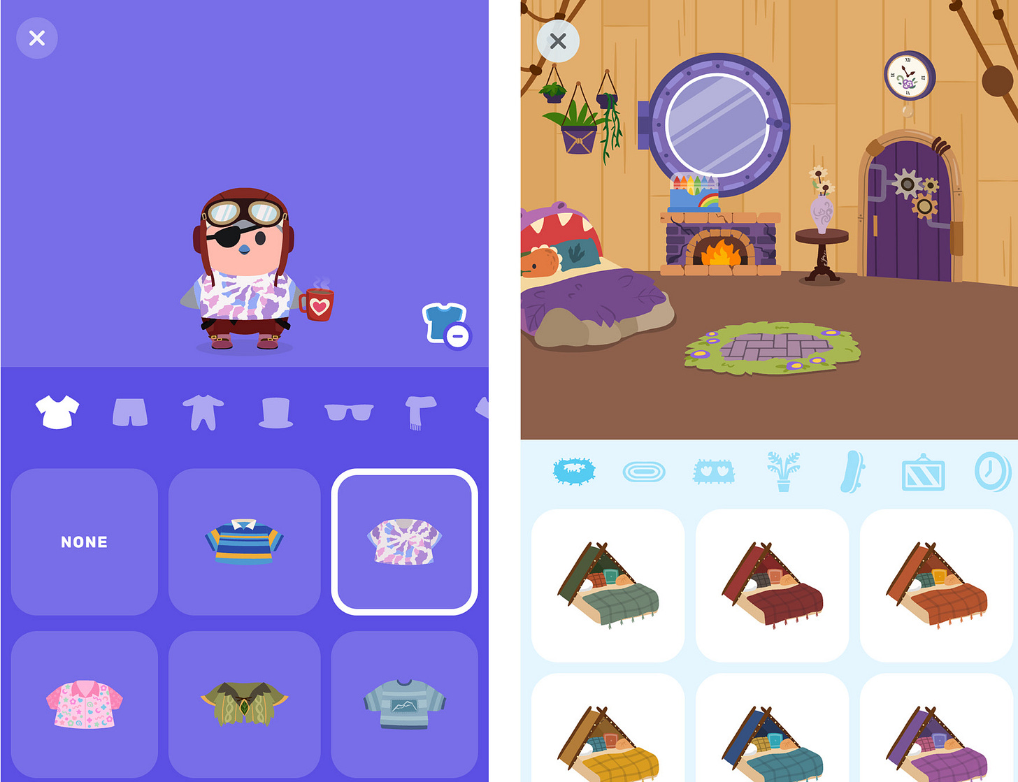 Screencaps from the Finch app showing selection screens for outfits and room furnishings