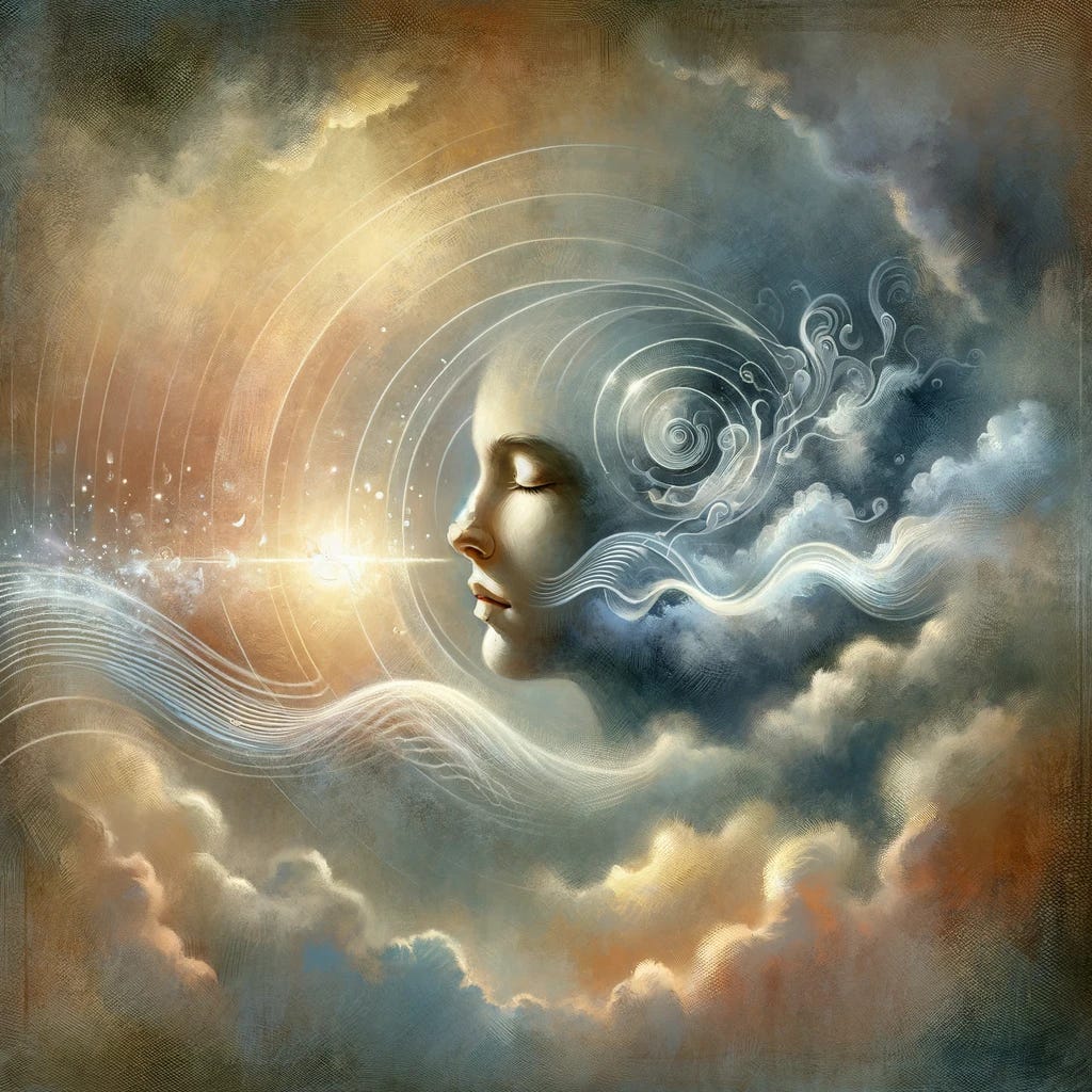 A poignant illustration capturing the essence of silent communication. The image portrays a serene individual with their eyes closed, symbolizing contemplation and internal reflection. Around them, ethereal waves emanate, representing the unspoken thoughts, emotions, and insights that silence holds. The background is a blend of soft, muted colors, creating a tranquil atmosphere that underscores the depth and complexity of silent expression. This visual metaphor emphasizes the rich, unspoken narrative that exists beyond words, highlighting the significance of understanding and respecting the communicative power of silence.