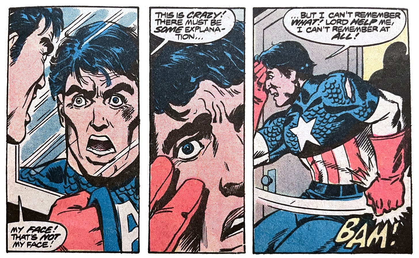 Three panels from this issue showing Captain America taking off his mask and not recognizing his face.