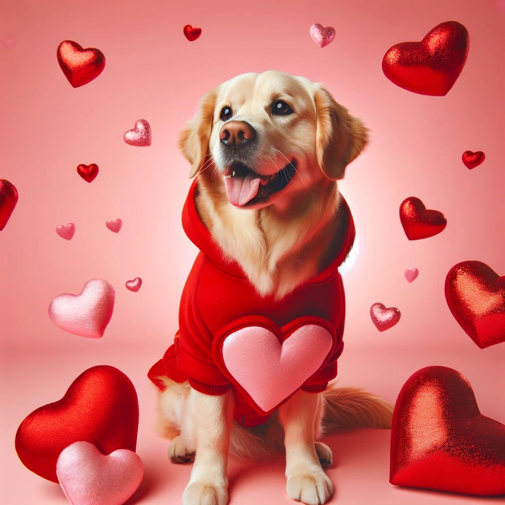 A cute dog wearing a red heart-shaped costume, surrounded by pink and red hearts floating in the air, with a soft pink background. The dog looks happy and is sitting down, with its tongue playfully sticking out. The atmosphere should be cheerful and filled with love, perfect for a Valentine's Day theme.