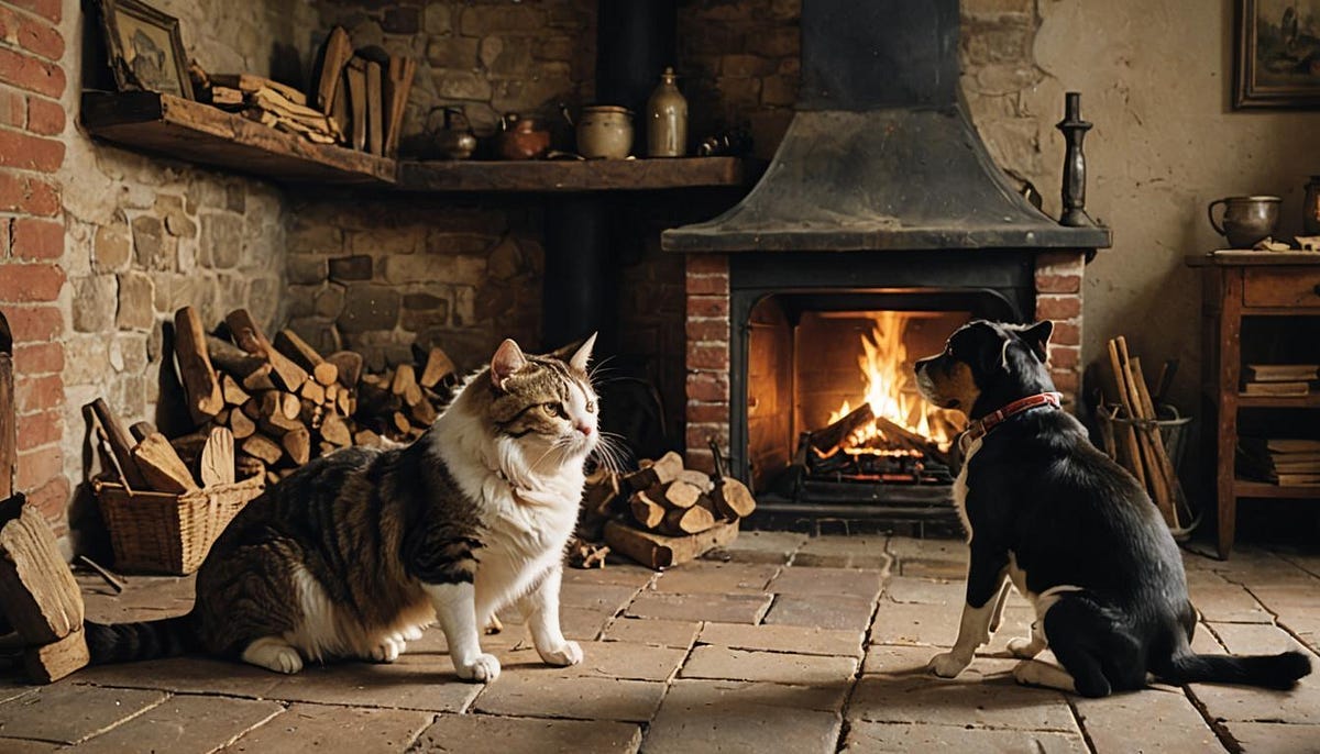 a cat and a dog having a converation, before an open hearth fire