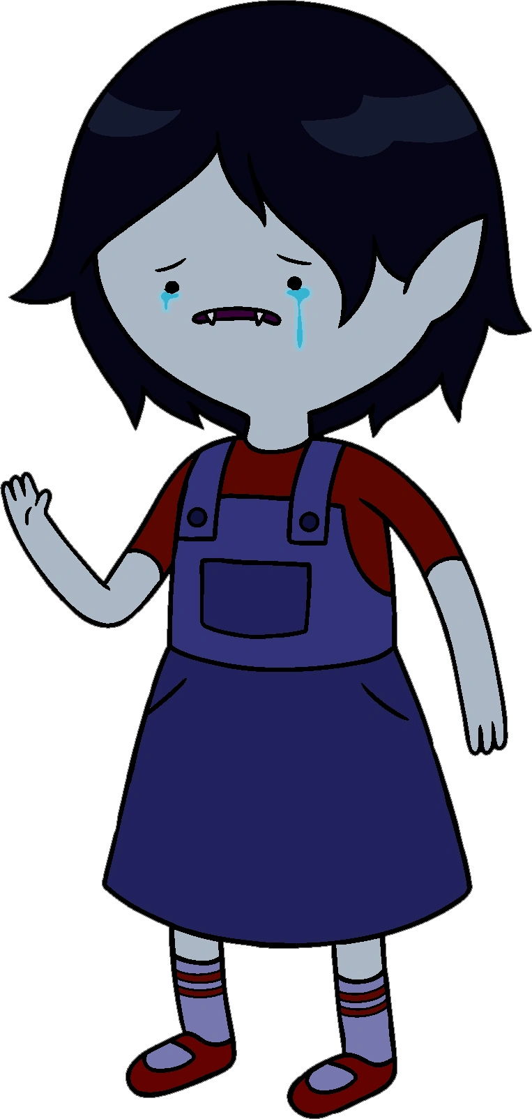 Una niña vampiro con la piel gris, orejas de elfo y pelito corto negro. Lleva un peto vaquero con falta, zapatitos rojos y camiseta a juego...vamos, ya de leer esto y saber que sus lágrimas son muy trágicas, quieres abrazarla
