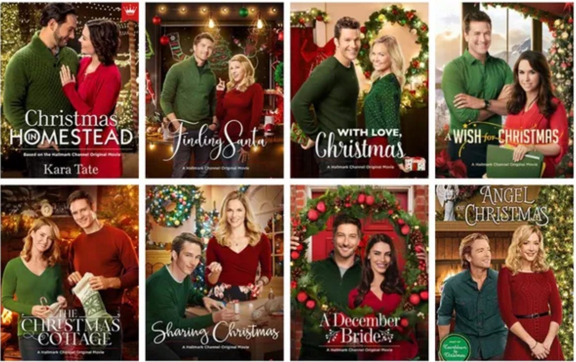 A collage of eight nearly-identical Hallmark Christmas movie 'posters'
