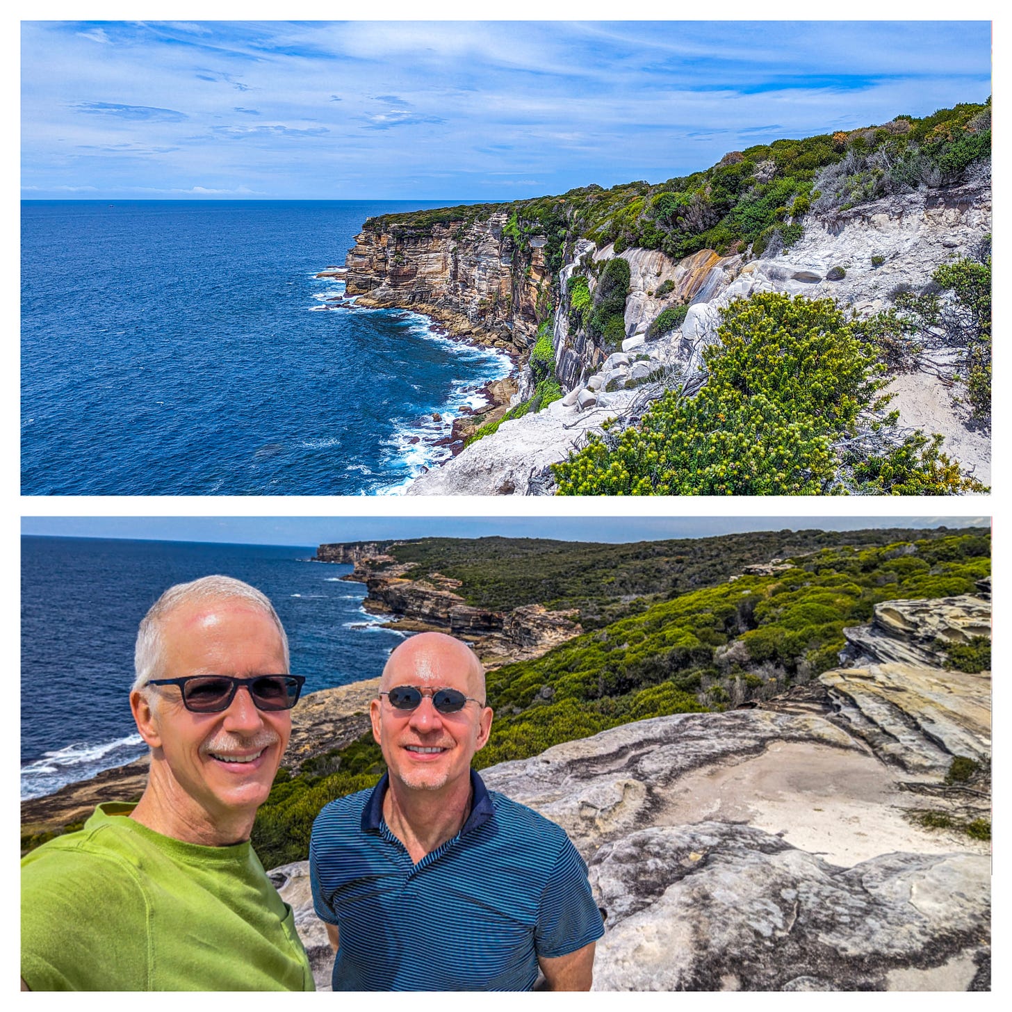 Two photos of the Royal National Park. Both show the coastline, the botoom one showing Brent and Michael standing on a bluff. 