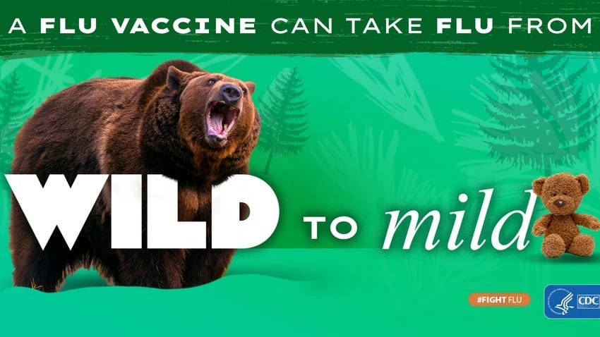 A roaring bear and a teddy bear on a green background. Text: "A flu vaccine can take flu from wild to mild." #FightFlu and CDC logo. A roaring bear and a teddy bear on a green background. Text: "A flu vaccine can take flu from wild to mild." #FightFlu and CDC logo.