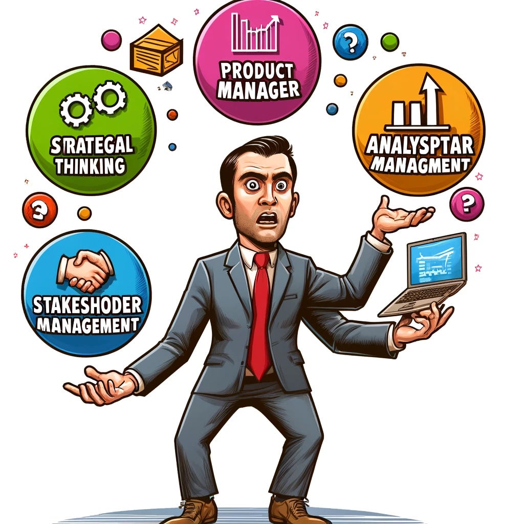 A humorous cartoon illustration showing a marketplace product manager juggling colorful icons representing essential skills: strategic thinking (depicted as a chess piece), analytics (a graph), and stakeholder management (handshakes). The product manager is styled comically, with an exaggerated expression of focus and surprise, emphasizing the challenge and fun of managing multiple responsibilities. Created Using: cartoon style, humorous, colorful icons, juggling, exaggerated expressions, strategic thinking, analytics, stakeholder management, playful depiction of product manager skills.