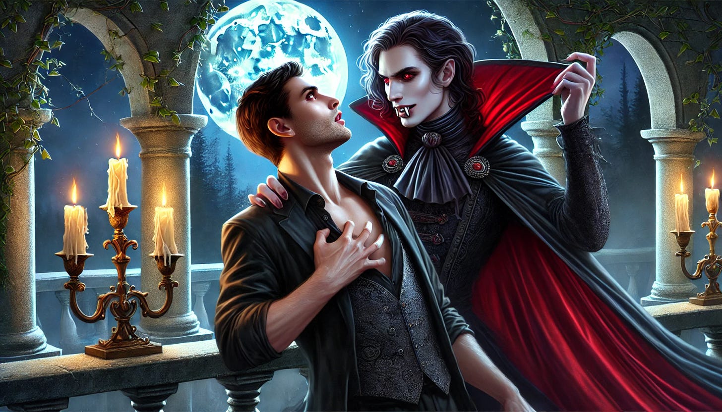 A digital painting of a vampire leering at a passionate young man, with the vampire exuding an aura of menace and allure. The vampire, dressed in a flowing black cloak with crimson lining, has pale, flawless skin, piercing red eyes, and a sly, fanged smile. The young man, his face lit with intensity and flushed with life, stands defiant yet captivated, his chest heaving as if caught in a moment of breathless tension. The setting is a moonlit gothic balcony overlooking a dark, misty forest, with ivy climbing the stone balustrades. The interplay of cool moonlight and warm flickering torches creates a dramatic contrast, highlighting the vampire’s ethereal glow and the young man's vibrant energy. Created Using: gothic romantic style, dramatic lighting, hyper-realistic textures, expressive character design, cinematic composition, high-definition quality, natural look, and vivid color contrasts.