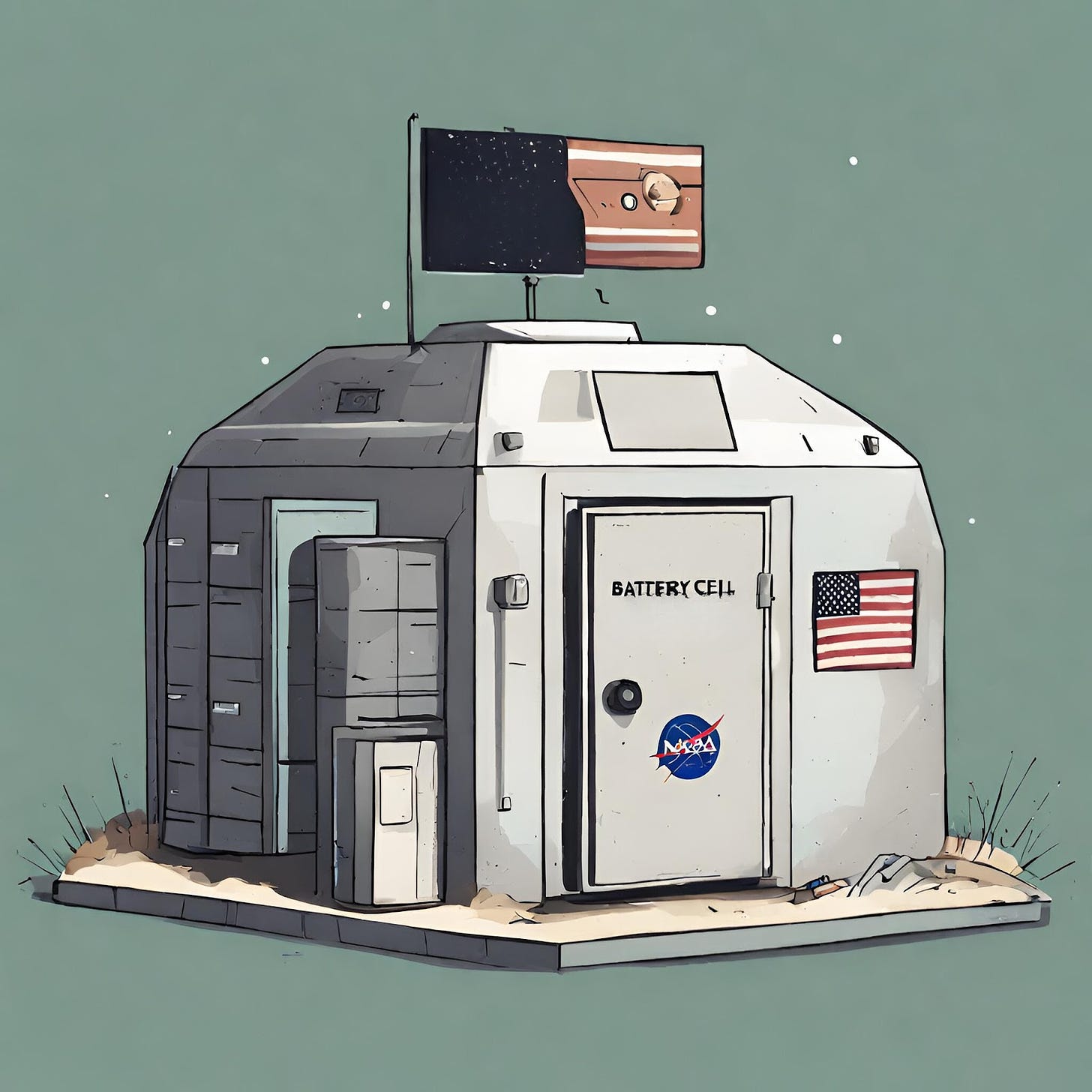 An illustration of a bunker with a nasa logo on it and a sign saying 'BATTERIES'