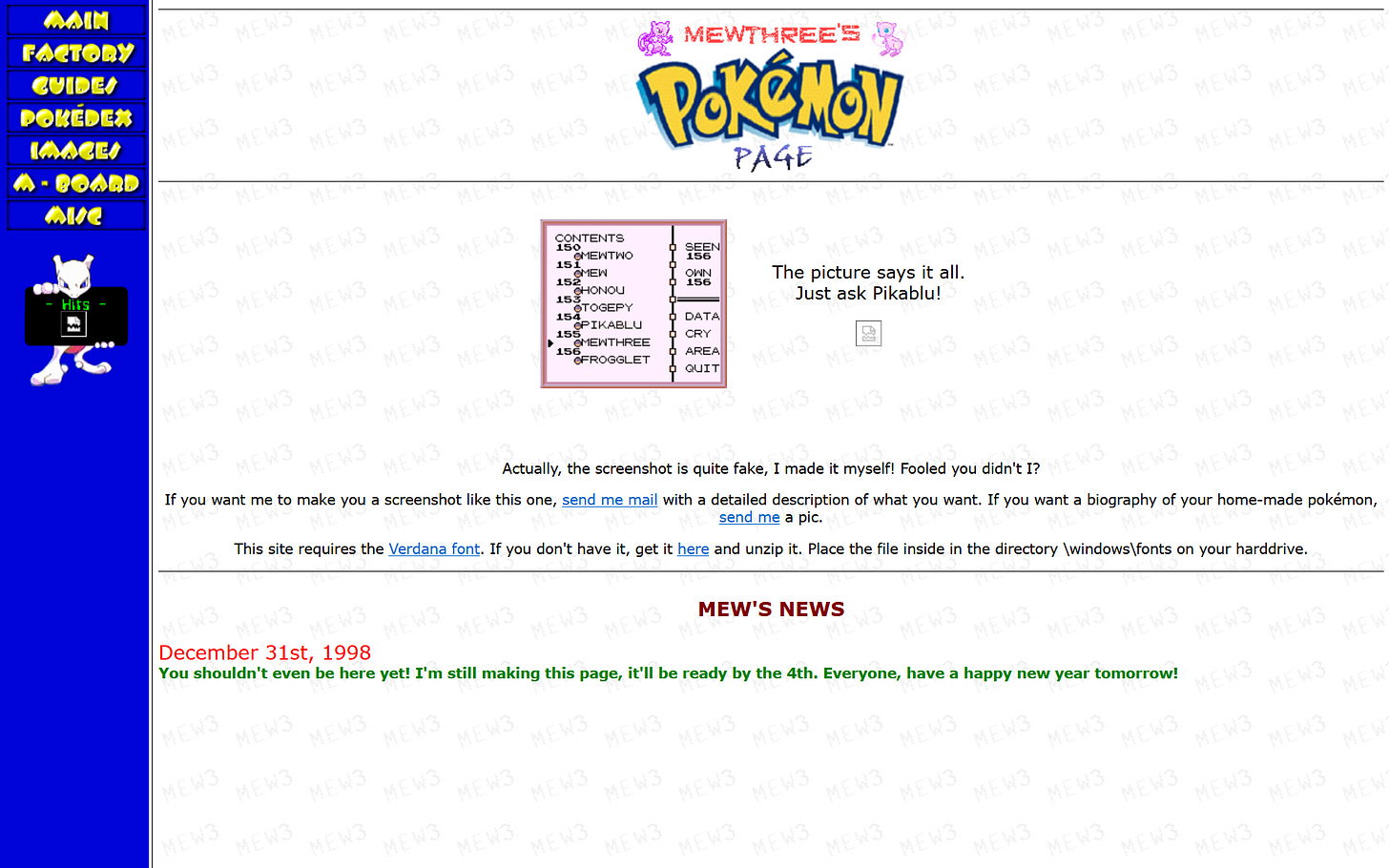 The layout of Mewthree’s Pokémon Page, the original name of The Pokémon Factory, from December 1998