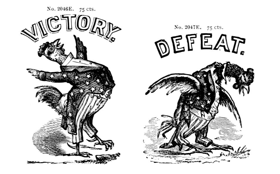 Two chickens in American Flag pattern suits. One says "Victory" and the other "Defeat"