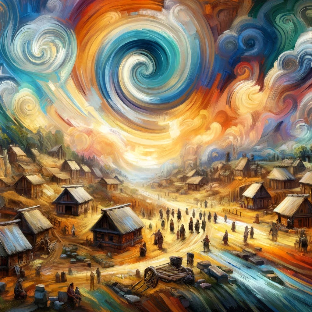 An abstract representation of the ancient settlements in Ukraine dating back to 4000 B.C. Swirling brushstrokes and contrasting colors depict the large, organized settlements with wooden and clay houses. Figures in motion symbolize the thriving community, with elements representing trade and administration. A dramatic sky with vibrant colors illustrates the historical significance and the challenge to traditional archaeological beliefs. The scene evokes a sense of discovery and wonder, resembling an oil on canvas painting in an expressionistic style.