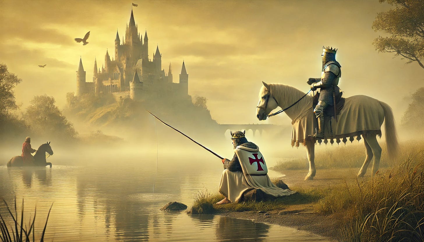 Modify the medieval scene to position the Grail knight on horseback. The Fisher King, looking less healthy and adorned with a crown and royal robes, is seated alone on the bank of a wide, misty lake, fishing. On the opposite side of the lake, the Grail knight is now mounted on a majestic horse, observing the king from a distance. The ethereal castle looms in the background, contributing to the mystical atmosphere. The scene retains softened hues of yellow and light colors, emphasizing the dreamlike quality.