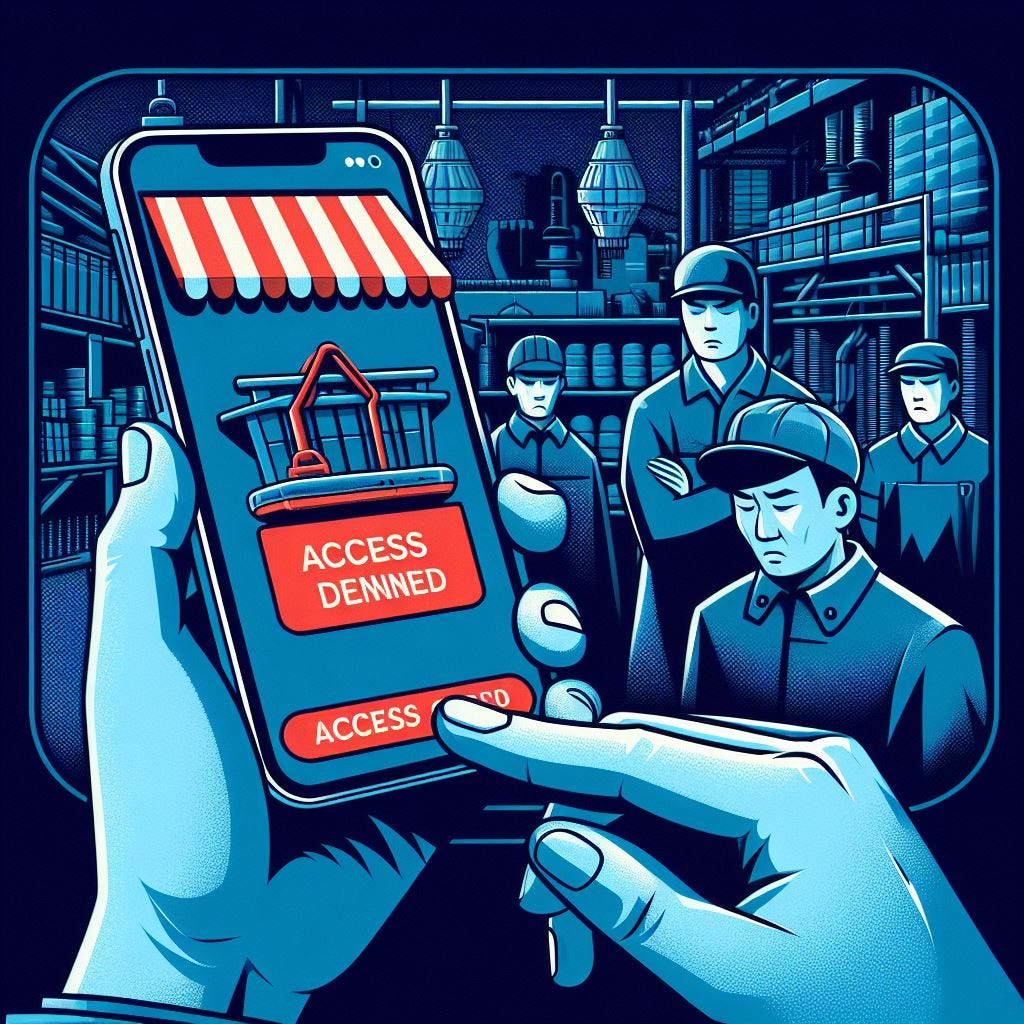 An image depicting a western hand operating a smartphone with an online shop on the screen showing access denied. In the background, Chinese workers are seen in a factory looking unhappy. The main color theme is dark blue with variations.