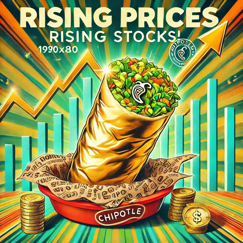 A vibrant, dynamic pop-art style illustration of Chipotle representing rising stock prices. The image features a golden burrito prominently displayed, symbolizing wealth and success, with stock market graphs and arrows pointing upwards in the background. The setting is lively with bright colors, including greens and golds, and includes subtle nods to Chipotle branding without logos. The text 'Rising Prices, Rising Stocks!' is creatively incorporated. The scene conveys prosperity and growth in an artistic, exaggerated style. Format: rectangular, horizontal, 1920x1080.