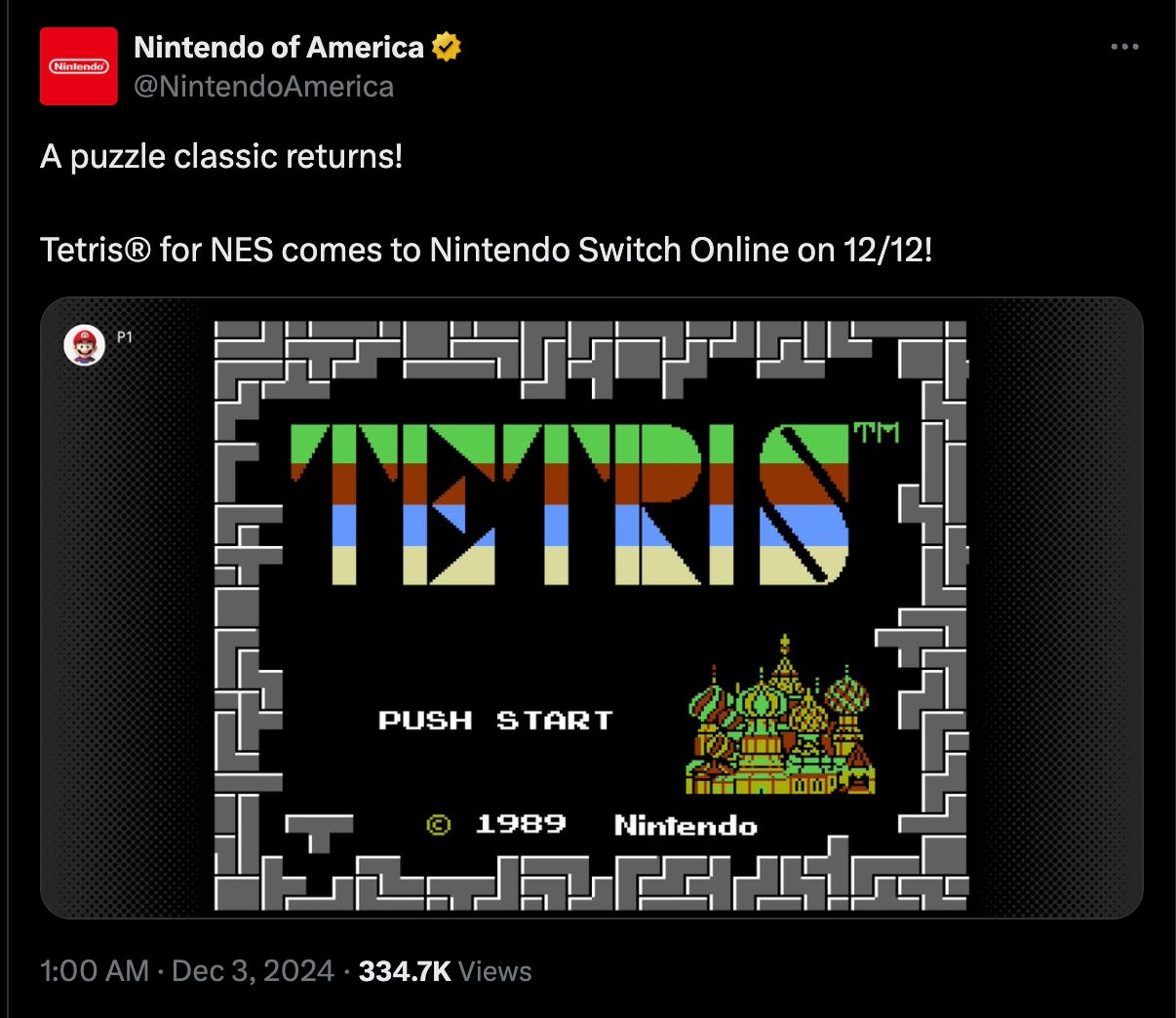 Nintendo X post about Tetris for NES