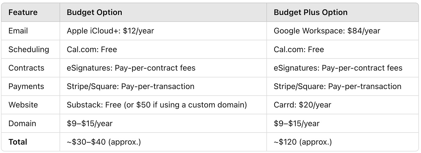 Screenshot of a table titled 'Year 2 & Beyond' comparing recurring costs for Budget and Budget Plus options. Rows include: Email (Budget: Apple iCloud+ at $12/year; Budget Plus: Google Workspace at $84/year), Scheduling (Cal.com free for both), Contracts (eSignatures with pay-per-contract fees for both), Payments (Stripe/Square pay-per-transaction for both), Website (Budget: Substack free, or $50 if using a custom domain; Budget Plus: Carrd at $20/year), Domain ($9–$15/year for both), and a Total row with recurring costs of approximately $30–$40 for Budget and $120 for Budget Plus.