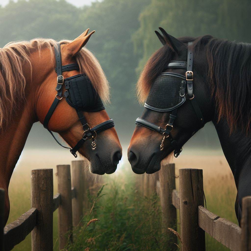 two horses facing each other both wearing blinders