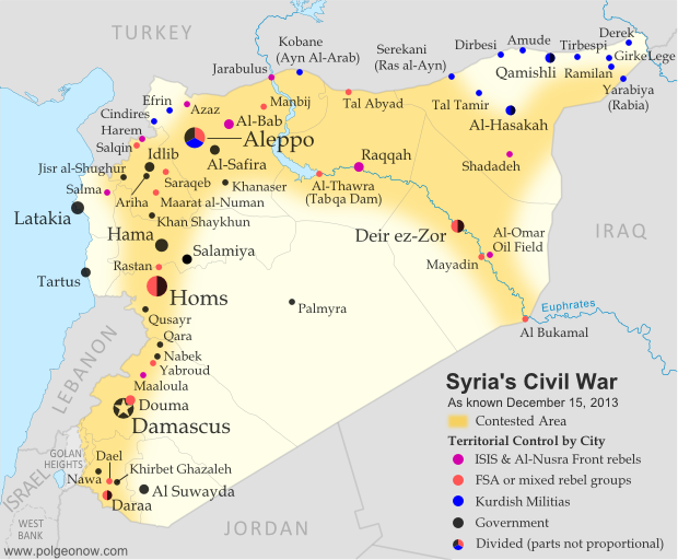 Map of fighting and territorial control in Syria's Civil War (Free Syrian Army rebels, Kurdish groups, Al-Nusra Front, ISIS/ISIL and others), updated for December 2013. Includes recent locations of conflict and territorial control changes, Al-Safira, Khanaser, Maaloula, Qara, Nabek, and . Map of fighting and territorial control in Syria's Civil War (Free Syrian Army rebels, Kurdish groups, Al-Nusra Front, ISIS/ISIL and others), updated for December 2013. Includes recent locations of conflict and territorial control changes, Al-Safira, Khanaser, Maaloula, Qara, Nabek, and .