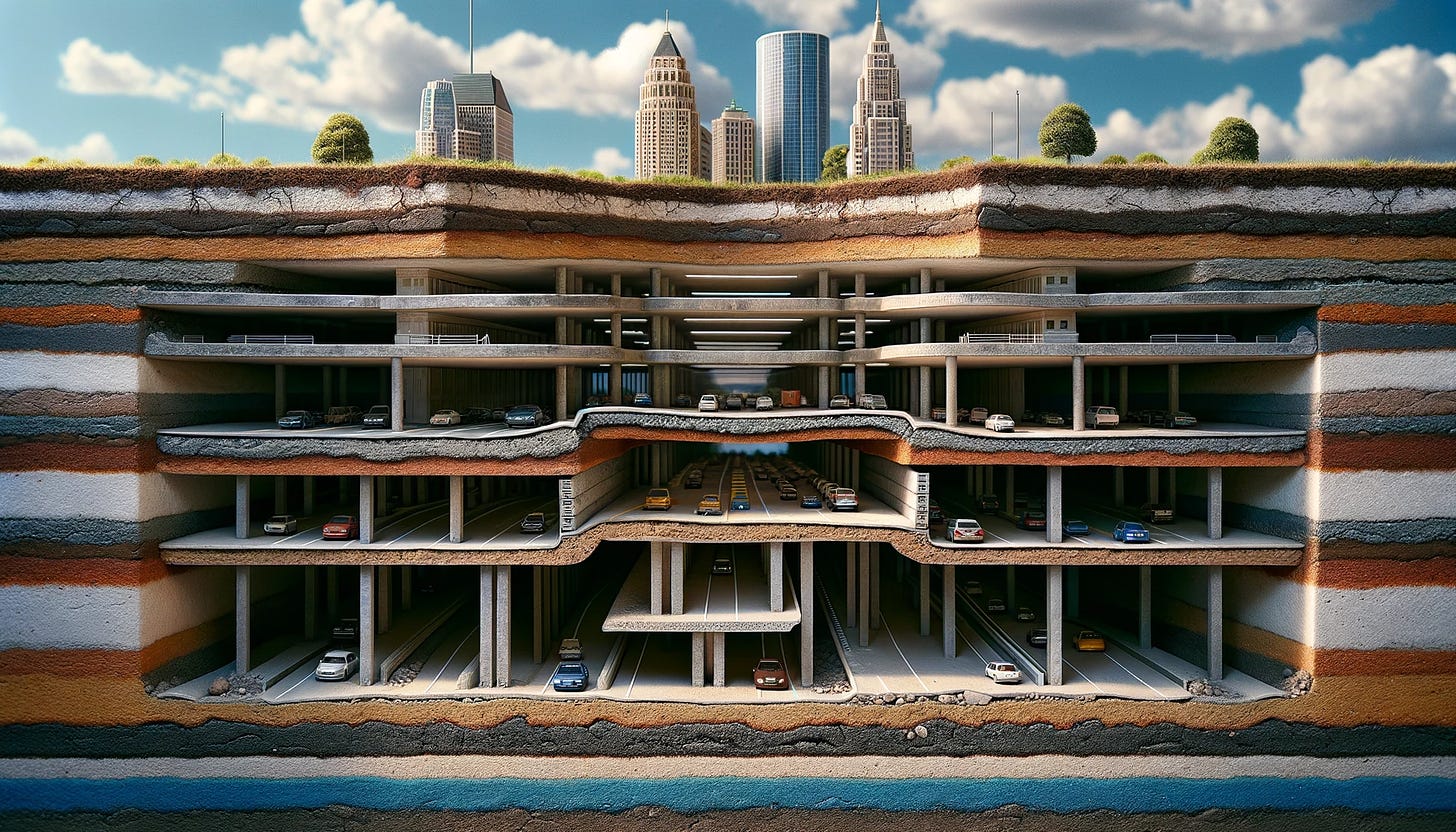 A cross-section view of an urban underground, showing multiple layers of soil, rock, and infrastructure, including a multi-level parking garage with cars, beneath a cityscape with skyscrapers and blue sky above.