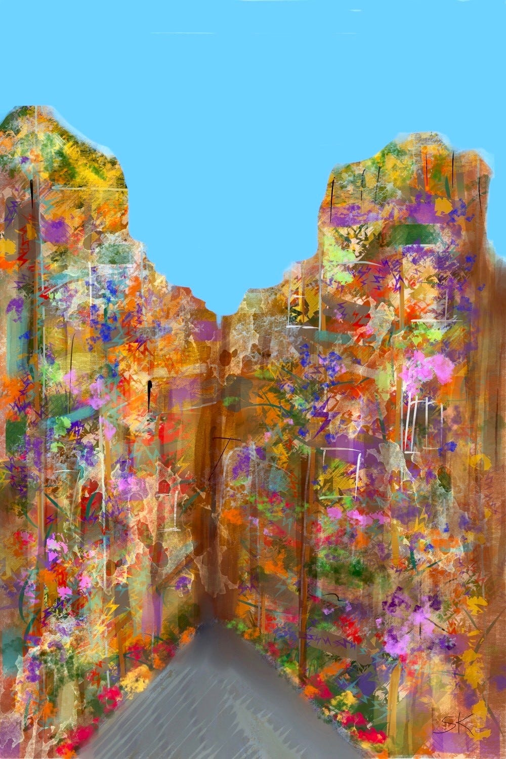 Abstract painting by Sherry Killam Arts of colorful vertical garden on tall buildings against a blue sky.