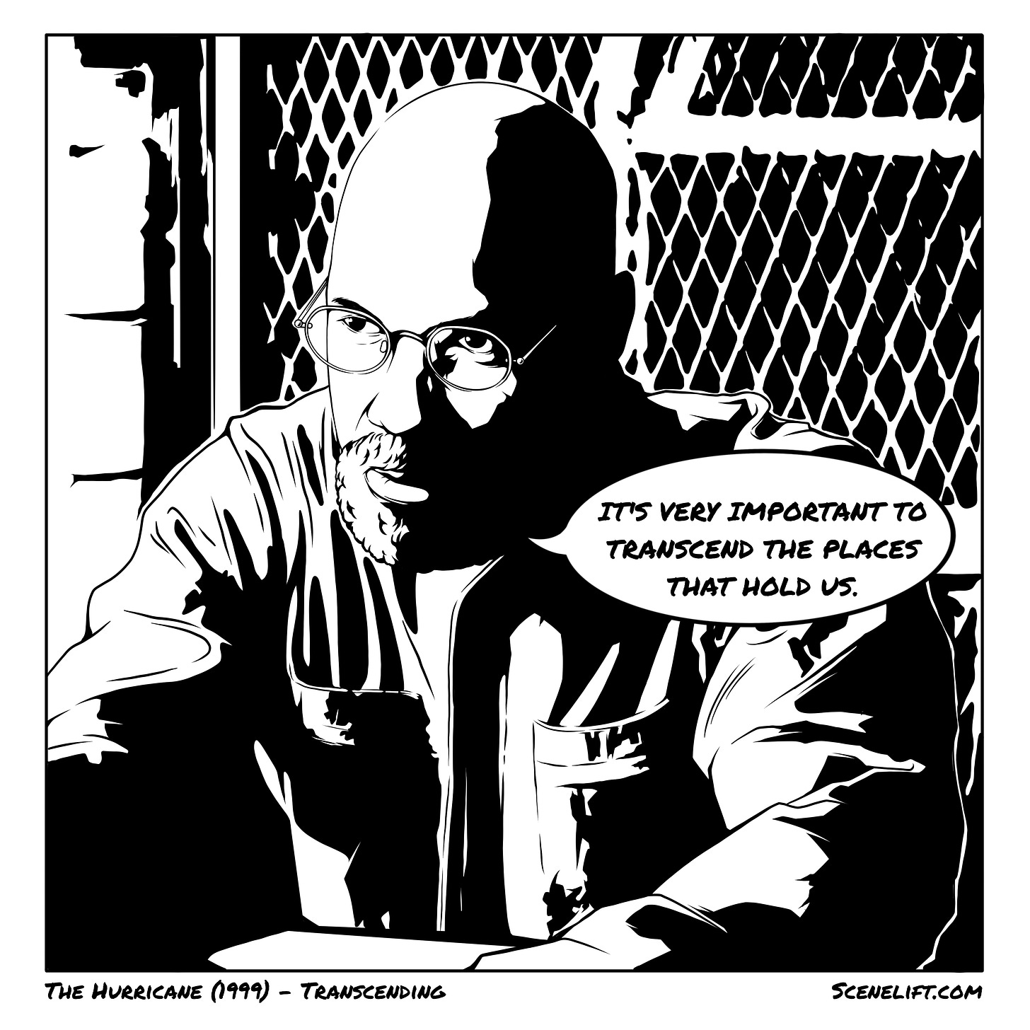 Comic of Rubin Carter talking to Lesra about transcending difficulties in the movie The Hurricane