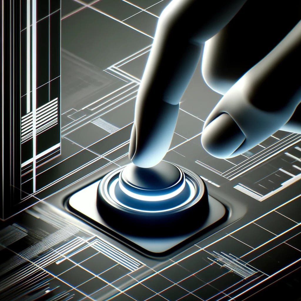 create an image with a synthwave theme, a finger pressing a button representing a reset. The image should be  rendered in monochrome (black, white, and grey) with blue highlights, including neon grids and futuristic lines. The button glows subtly in blue, emphasizing its significance in this minimalist yet high-tech digital landscape