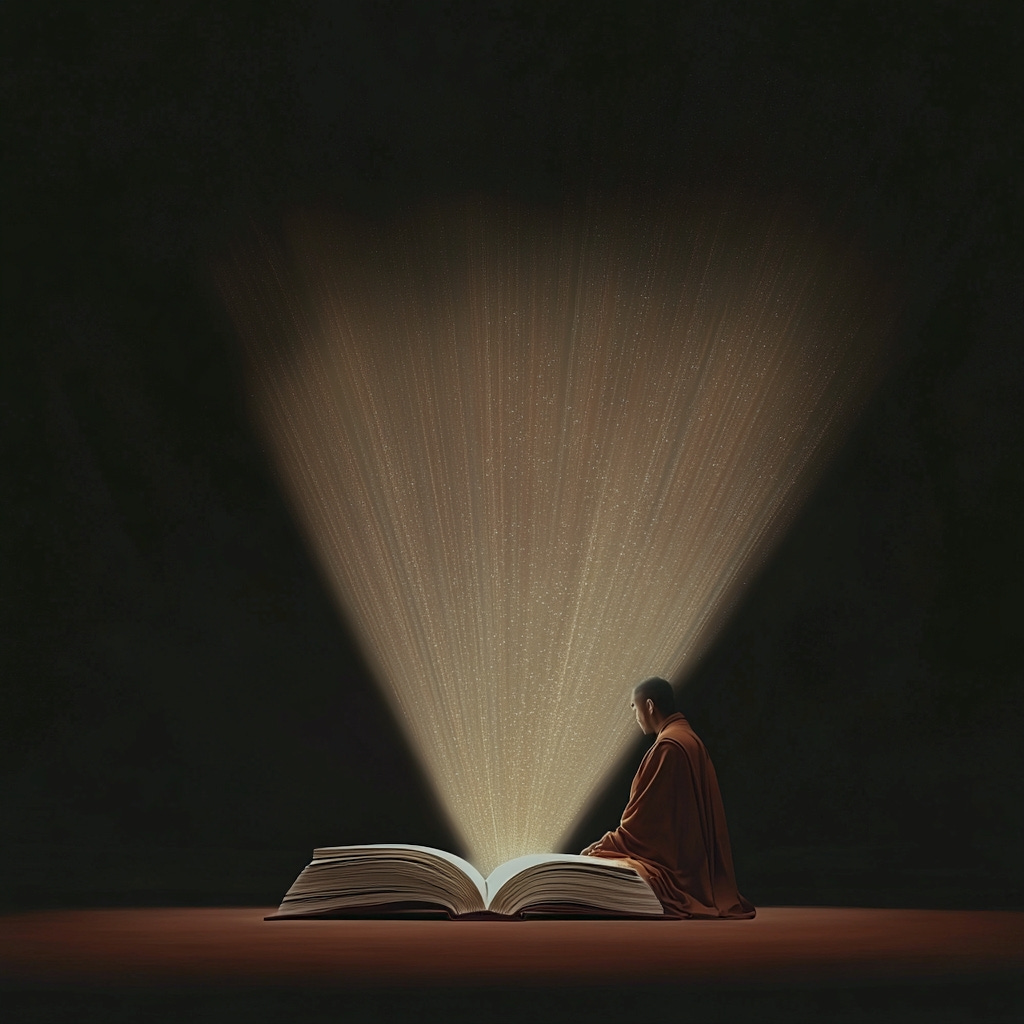 Illustration of a book with light emanating from its pages and a Buddhist teacher alongside it