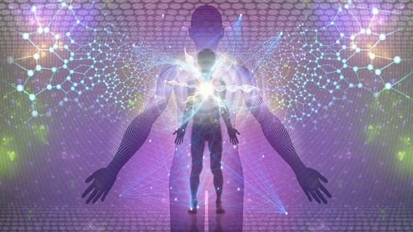Energy body surrounded by energetic references and connections, with a flower-ish white light emanating from the heart center.