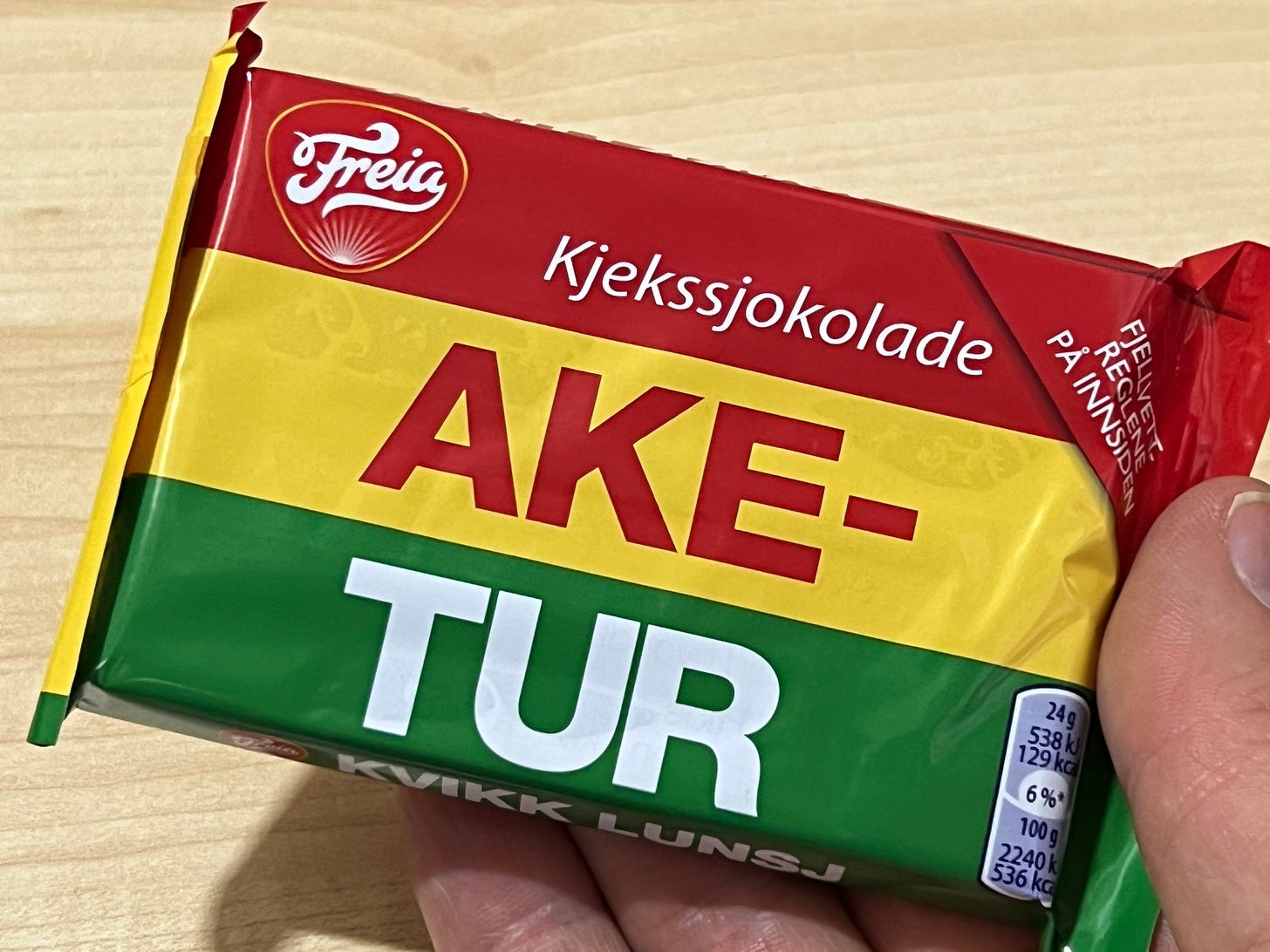 A photograph of me holding a KitKat like chocolate bar from Norway. Inside the wrapper, something far tastier than a KitKat.