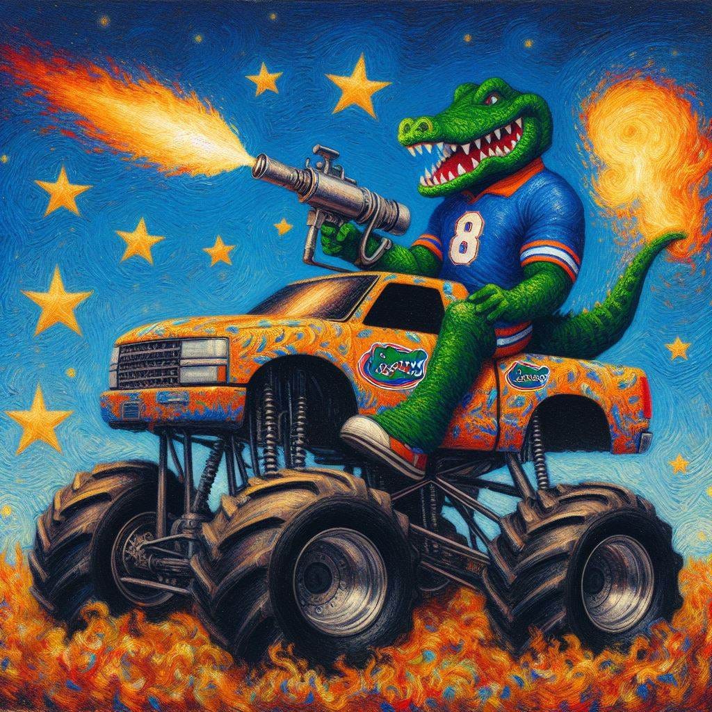 The Florida Gators mascot riding on a monster truck with a flamethrower in hand, in the style of Van Gogh