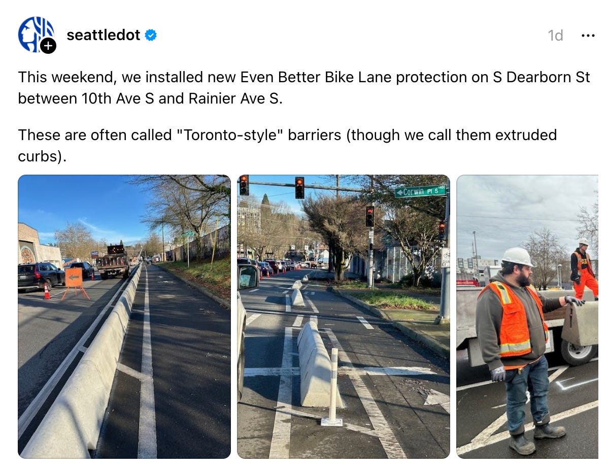  seattledot 1d This weekend, we installed new Even Better Bike Lane protection on S Dearborn St between 10th Ave S and Rainier Ave S. These are often called "Toronto-style" barriers (though we call them extruded curbs).