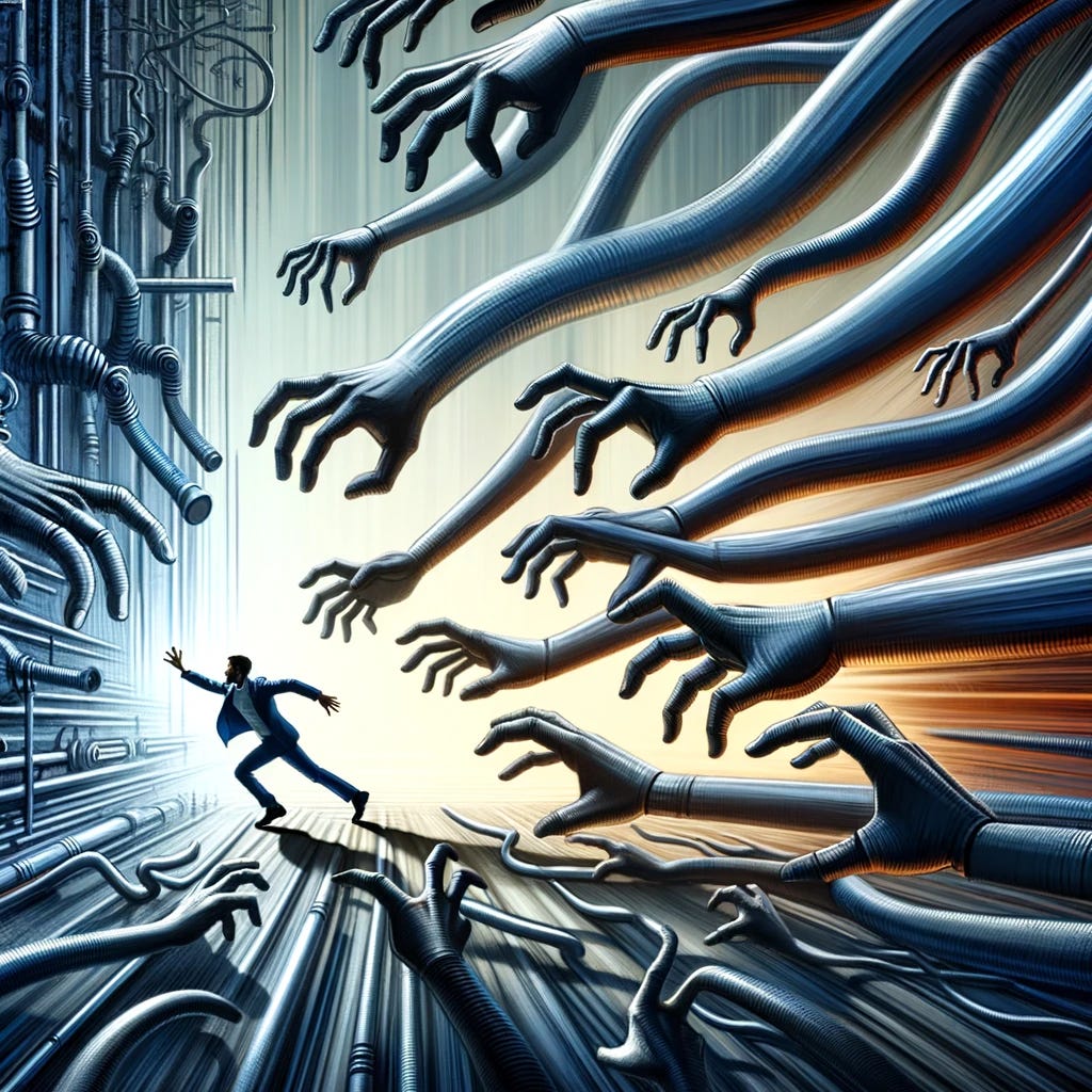 A metaphorical image of an individual trying to leave a system but being pulled back by many arms. The setting is abstract, representing a 'system.' In the center, there's an individual who is determined and struggling to move forward. Behind him, numerous arms emerge from the background, symbolizing the system. These arms are reaching out and grabbing onto the individual, trying to pull him back into the system. The arms vary in size and shape, some appearing more mechanical or abstract, representing different aspects of the system. The overall tone is dramatic, highlighting the struggle between individual will and systemic control.