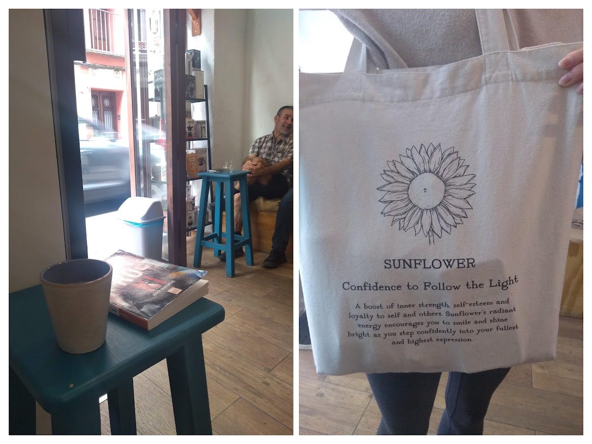 Two pictures. One of a mug of coffee and a book on a wooden stool with an open door onto the street in the background. Another of a tote bag with a picture of a sunflower and the text 'Confidence to follow the light'