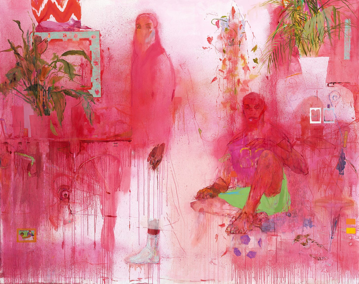 Two figures, one standing and one seated, in a pink room with plants, artwork, and furniture subtly emerging from the painterly background.