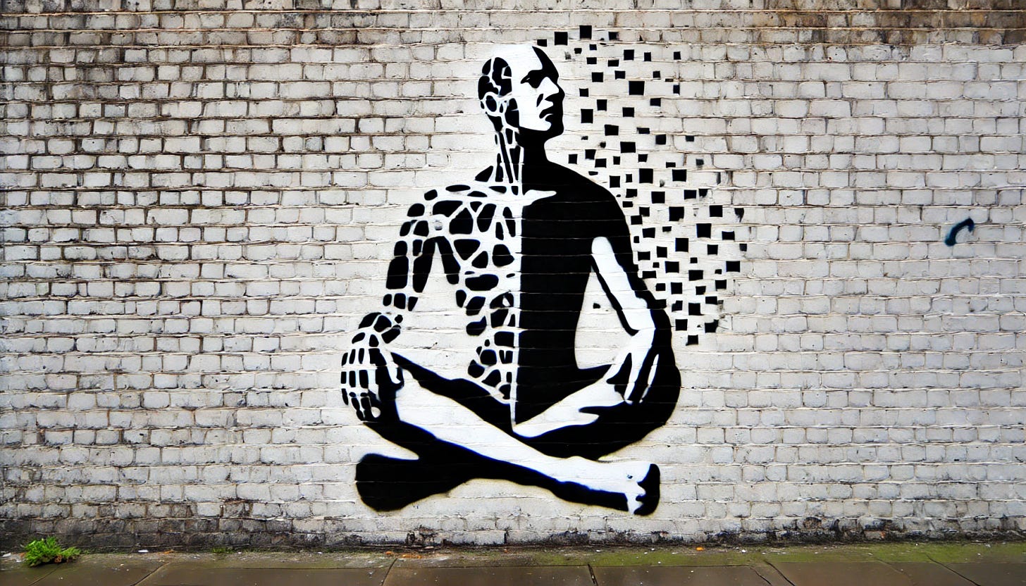 A stencil-style graffiti artwork on a brick wall in black and white, 16:9 format. The artwork should depict a single central character undergoing a transformation (morphing). One half of the character's body represents an analog state, while the other half represents a digital state. The scene should convey the theme of AI's impact on professional and personal life, blending human and digital aspects harmoniously.