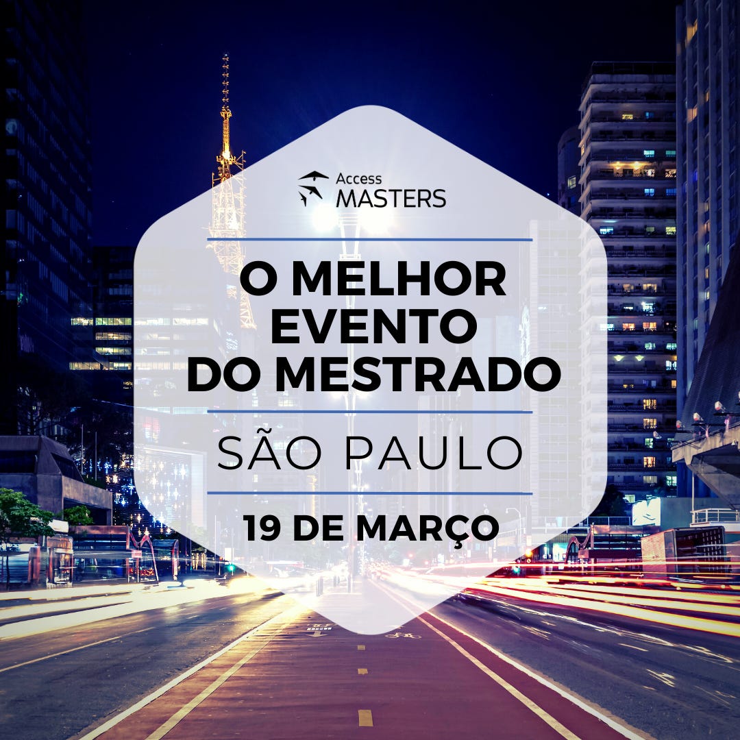 Access MASTERS. O melhor evento do Mestrado. São Paulo. 19 de março. Foto da Avenida Paulista ao Fundo.
