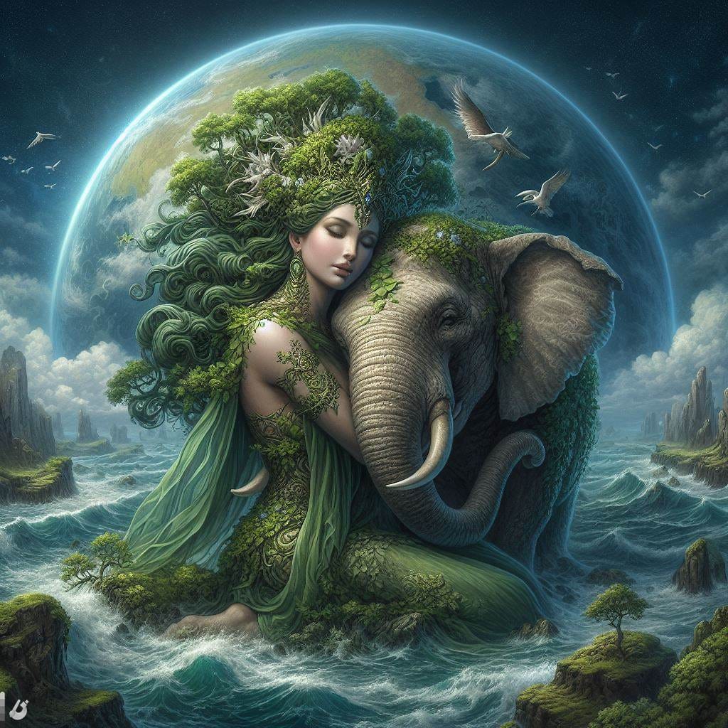 Gaia Earth Goddess with her Beloved Elephant Christian art